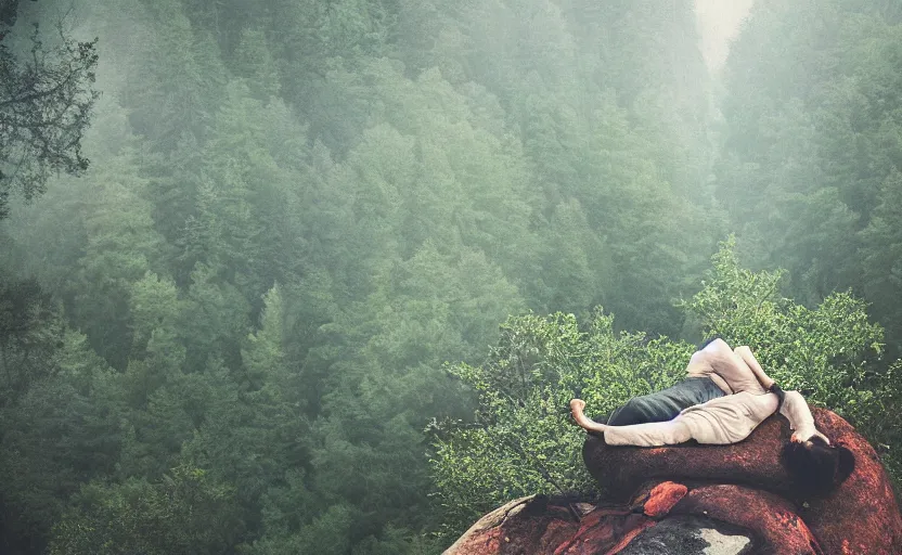 Prompt: a beautiful painting of a lonely wandering soul, resting in a forest sitting on a boulder, listening to the quiet and the breeze, smiling and looking up at the trees, by elizabeth gadd