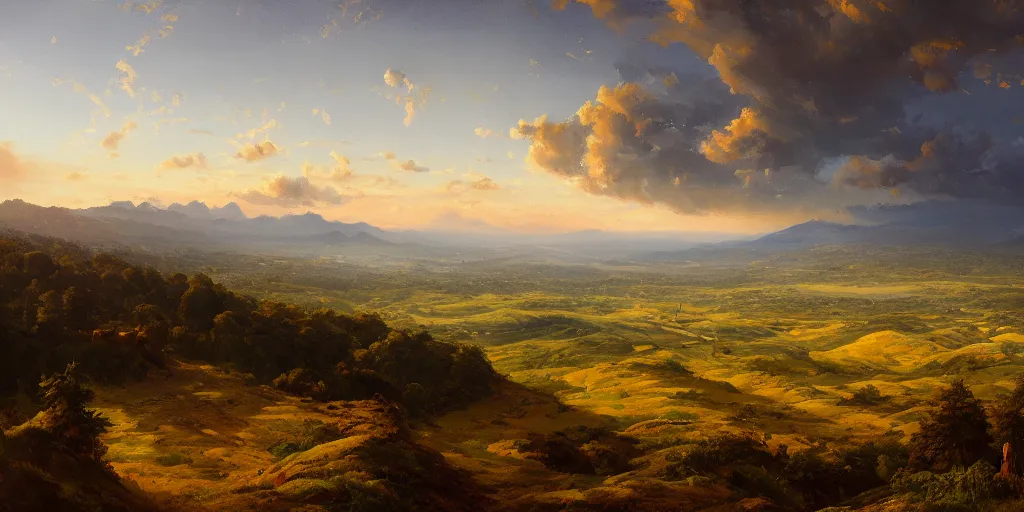 Image similar to a breathtaking landscape from a hilltop, cinematic lighting, detailed oil painting, hyperrealistic, 8k