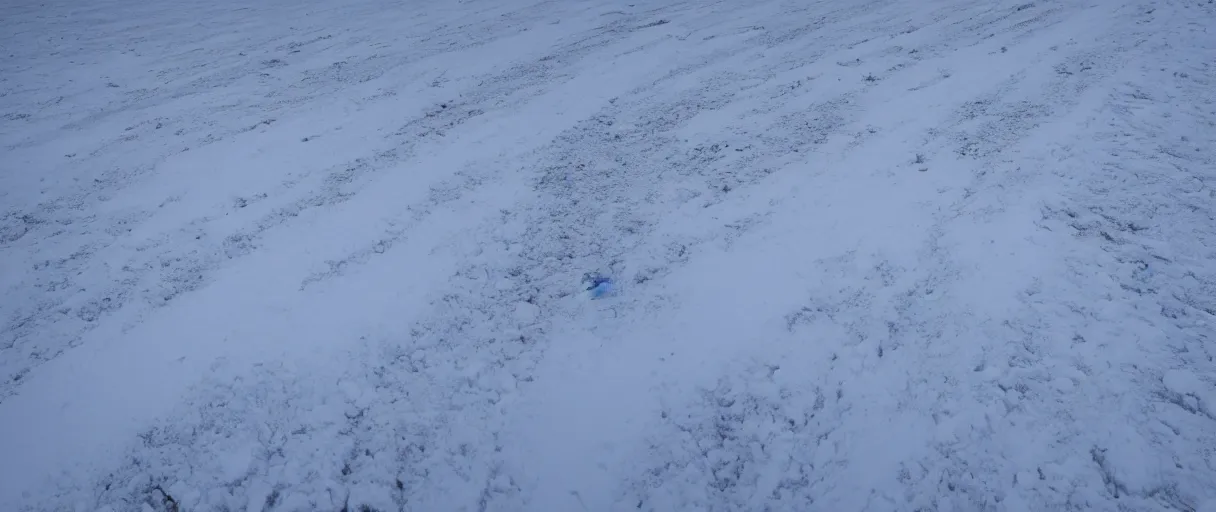 Prompt: a high quality color creepy atmospheric wide shot hd 4 k film 3 5 mm photograph of very heavy blizzard in desolate antarctica with a single trail of footsteps in the snow