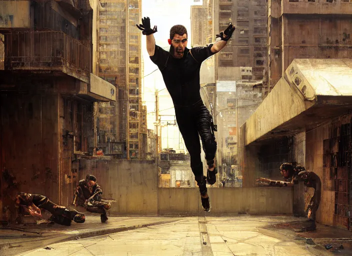 Image similar to Greg evades sgt Nash. Cyberpunk hacker in jumpsuit escaping menacing police troopers (blade runner 2049). bearded face. rooftop free running. Iranian orientalist portrait by john william waterhouse and Edwin Longsden Long and Theodore Ralli and Nasreddine Dinet, oil on canvas. Cinematic, hyper realism, realistic proportions, dramatic lighting, high detail 4k