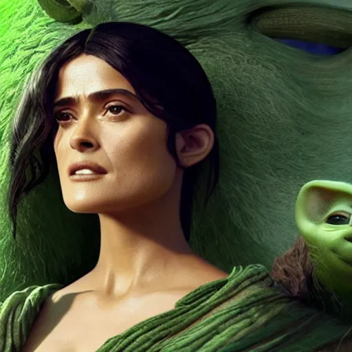 Prompt: a green salma hayek with ( ( ( ( yoda ) ) ) ) ears greg rutkowski and jason chan highly detailed cinematic lighting octane render unreal engine