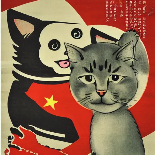 Image similar to chinese propaganda poster with a cat as the centerpiece