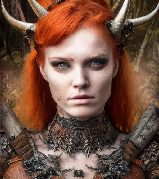 Image similar to 5 5 mm portrait of an armored gorgeous anesthetic redhead woman warrior with a face tattoo and horns growing from her head. in a magical forest in the style of stefan kostic, art by luis royo. highly detailed 8 k. intricate. lifelike. soft light. nikon d 8 5 0. cinematic post - processing