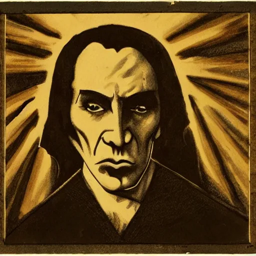 Image similar to the central image is a dracula like face, which appears to be staring directly at the viewer. the sun shines its light down as if it is burning the daylights out of the vampire. a dark background is placed behind it.