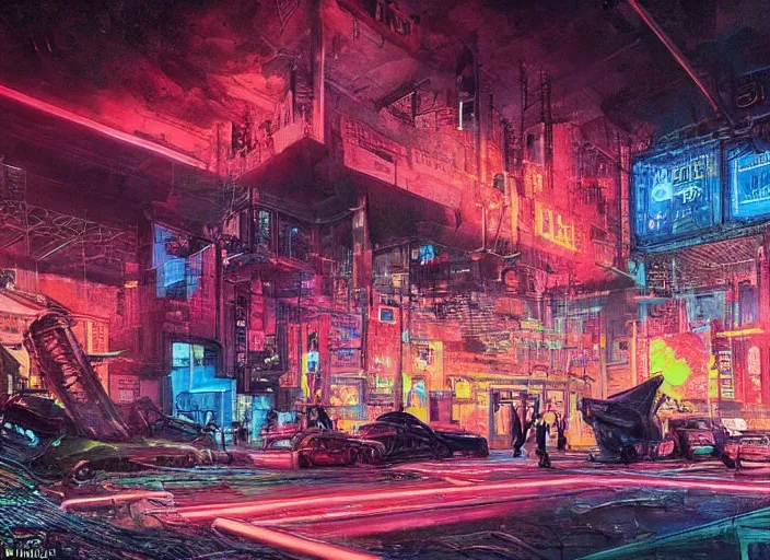 Image similar to an unbelievable dystopian scene, highly detailed, contrasting bright and colours with a hint of neon