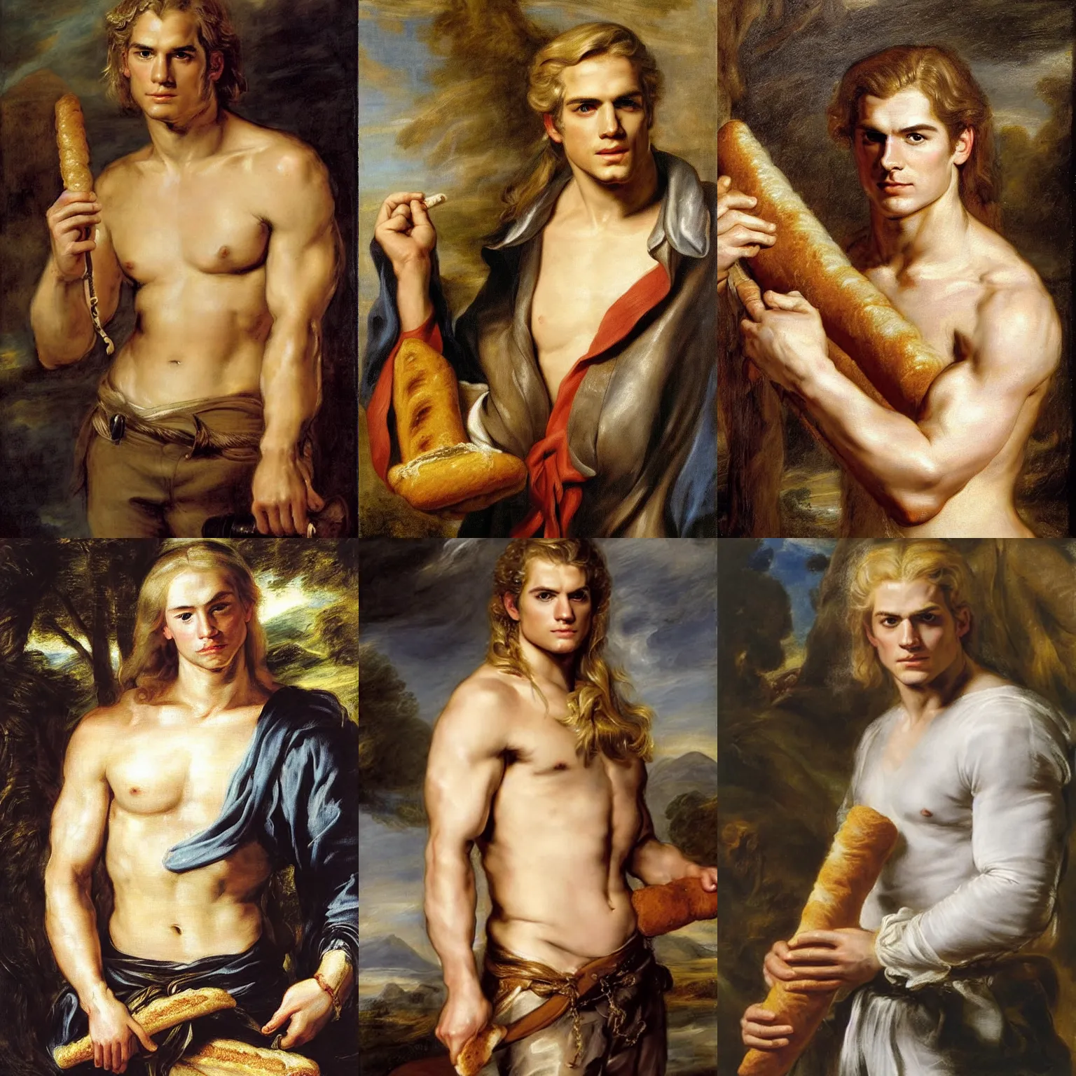 Prompt: portrait of a young androgynous Henry Cavill with long blond hair and side braids by peter Paul rubens, holding a baguette, very very very very pale white skin platinum blond hair