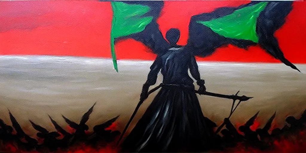 Image similar to dramatic epic dark oil painting of freedom for palestine, red green white black