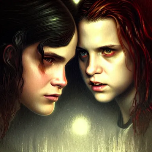 Prompt: Twilight version of Stranger Things, Portrait of Edward and Bella, diffuse lighting, fantasy, intricate, elegant, highly detailed, lifelike, photorealistic, digital painting, artstation, illustration, concept art, smooth, sharp focus, art by Artem Demura