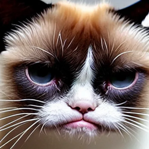 Prompt: grumpy cat with an upside down mouth