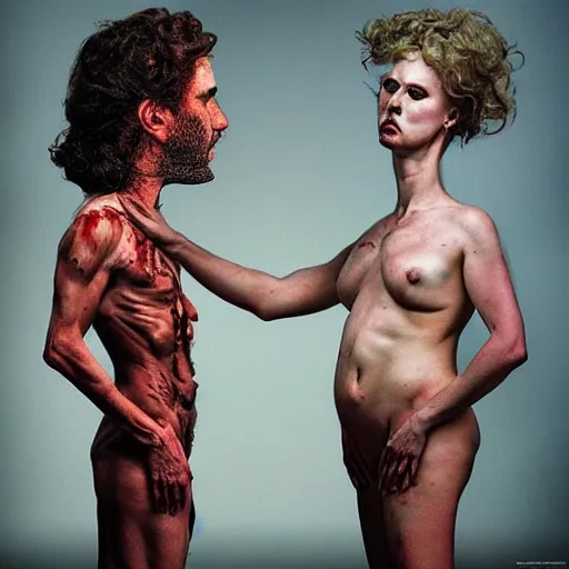Image similar to the blasphemous caricature of the male and female body, hyperealistic detailed photography, divinity, awful, religious art