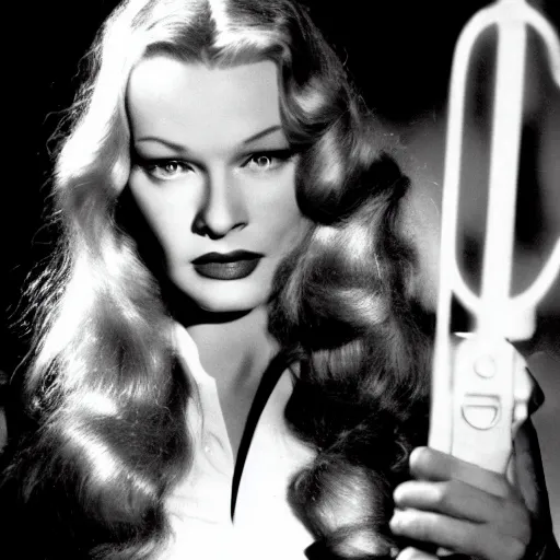 Image similar to veronica lake in a 1980s horror movie, movie still, dramatic lighting