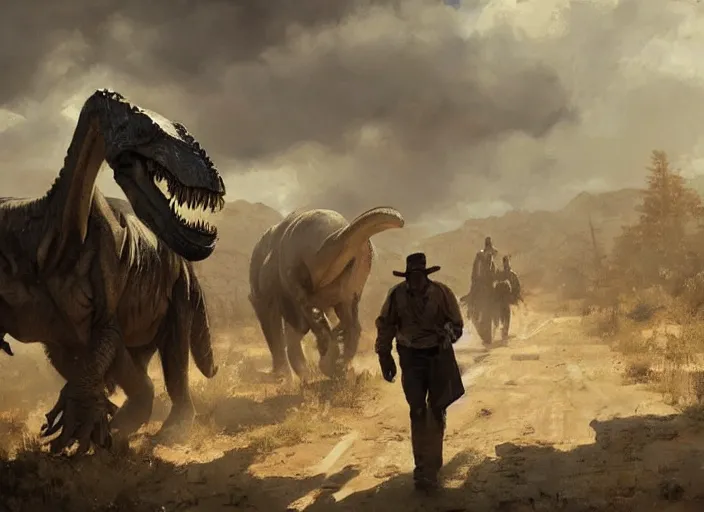 Image similar to oil painting of old rugged tyrannosaurus rex in dusty wild west street, art by anders zorn, wonderful masterpiece by greg rutkowski, beautiful cinematic light, american romanticism by greg manchess, jessica rossier