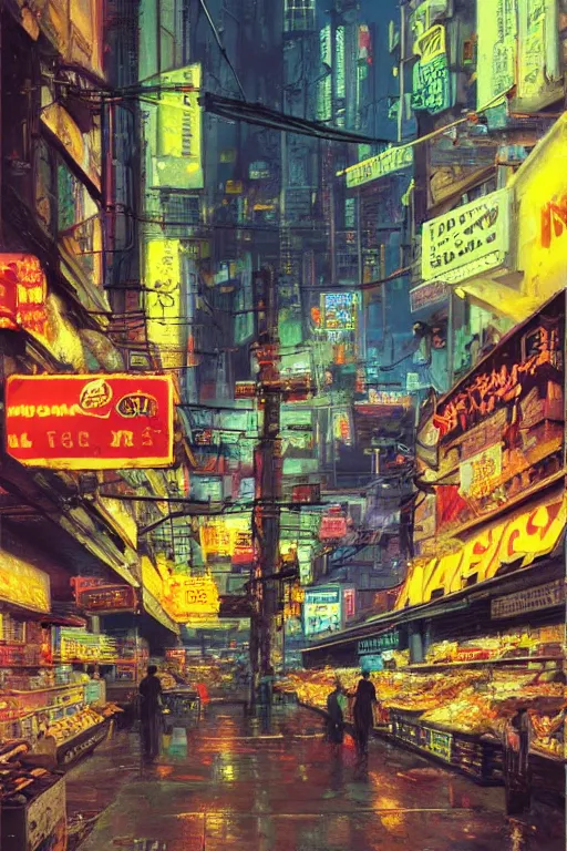Prompt: a low angle shot of a food store at the base of a towering city, cyberpunk, neon lights, night, matte painting by John Berkey, 8k
