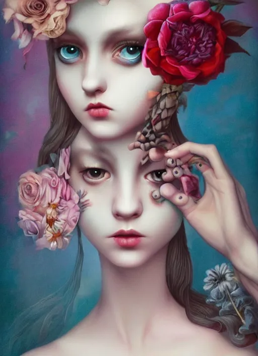 Image similar to pop surrealism, lowbrow art, dress, realistic flowers painting, hyper realism, muted colours, rococo, natalie shau, loreta lux, tom bagshaw, mark ryden, trevor brown style