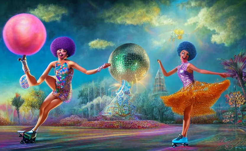 Prompt: Ultradetailed, hyperrealistic, a vintage roller skating diva wearing a disco ball skirt with a disco ball afro in a psychedelic cosmic roller rink in the clouds, by Vladimir kush, by josip csoor, by roger dean, rendered in octane, volumetric lighting, 3d rendering, retro color scheme, trending on artstation -20