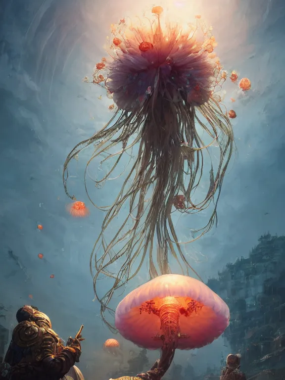 Image similar to a fancy portrait of a giant floating flower and jellyfish by Greg Rutkowski, Sung Choi, Mitchell Mohrhauser, Maciej Kuciara, Johnson Ting, Maxim Verehin, Peter Konig, Bloodborne , 8k photorealistic, cinematic lighting, HD, high details, atmospheric , trending on artstation