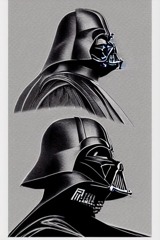 Image similar to sideview waist up portrait of darth vader by laurie greasley and rene magritte, etching by gustave dore, intricate, sharp focus, illustration, highly detailed, digital painting, concept art, masterpiece