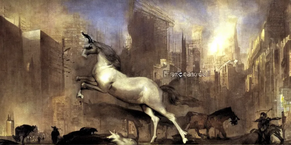 Image similar to unicorn in a futuristic cyberpunk town. By Francisco Goya, highly detailed