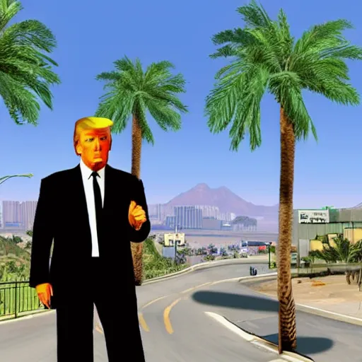 Prompt: Donald Trump in GTA V. Los Santos in the background, palm trees. In the art style of Stephen Bliss