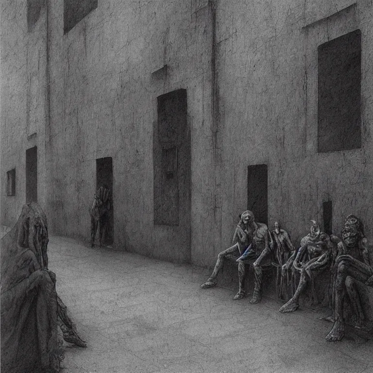 Image similar to some people waiting in a lone bus stop in qiet dark city, by H.R. Giger and Zdizslaw Beksinski