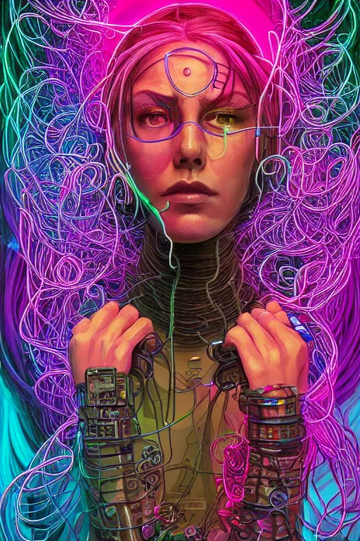 Image similar to stunning highly detailed portrait of a neuromancer Women with long hair with cyber headgear surrounded by wires, neon colors, oil on canvas, strong lighting, by Josan Gonzalez, HD, 4K