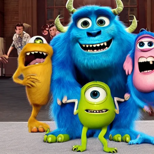 Image similar to monsters Inc sully standing next to a group of sully clones