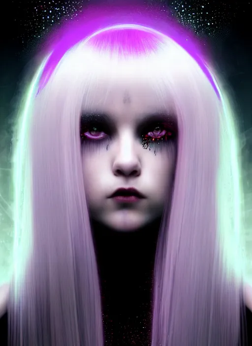 Image similar to hair whitebangs hair, black cyberlox, portrait of teenage girl with white bangs, whitebangsblackhair, messy bangs, cyberlox, whitebangs, red irises, purple clothes, intricate, elegant, glowing lights, highly detailed, digital painting, artstation, concept art, sharp focus, illustration, art by wlop, mars ravelo and greg rutkowski