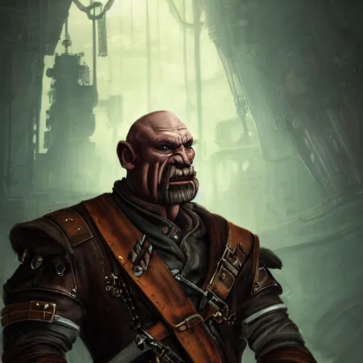 Image similar to portrait of a muscular, grim, bald orc mechanic, wearing a heavy brown leather coat, wielding a wrench, steampunk setting, gears, airship on the background, dramatic lighting, high detail, digital art by Rossdraws