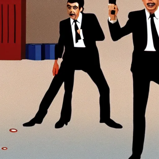 Prompt: a film still of mr bean in resevoir dogs ( 1 9 9 2 )