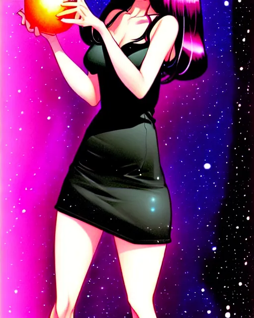 Image similar to portrait of an attractively cute young woman with amazingly dyed medium length hair wearing a short tight black dress think about the galaxy, art by Range Murata and Artgerm.