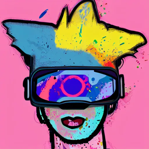 Image similar to illustration of cyberpunk fox in vr helmet, colorful splatters, by andy warhol and by zac retz and by kezie demessance