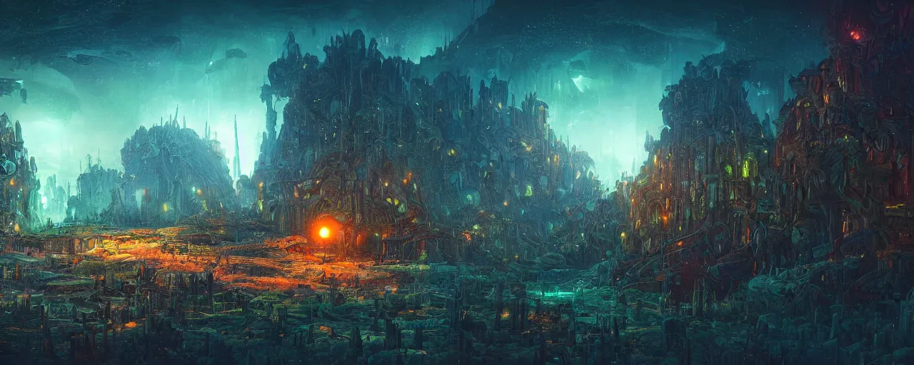 Image similar to ” otherwordly landscape at night, [ bioluminescense, cinematic, detailed, epic, widescreen, opening, establishing, mattepainting, photorealistic, realistic textures, octane render, art by slop and paul lehr ] ”