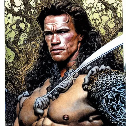 Image similar to a realistic, very beautiful and atmospheric portrait of young arnold schwarzenegger as a druidic warrior wizard looking at the camera with an intelligent gaze by rebecca guay, michael kaluta, charles vess and jean moebius giraud