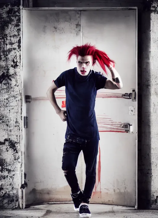 Prompt: a young man of 2 5 years old, with a bruised face and bruises, is standing in a doorway in a boxer's stance, casual clothing style, hairstyle red mohawk, cold colors, comics style, angry 8 k