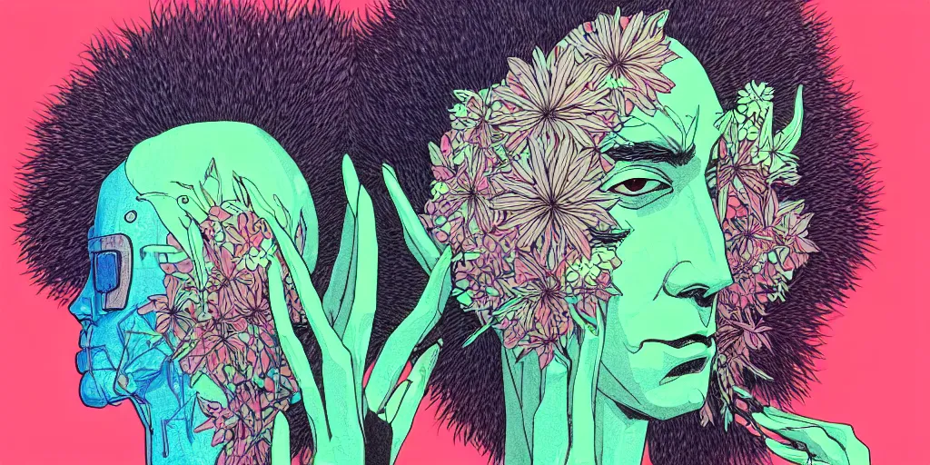 Image similar to risograph grainy drawing futuristic sci - fi antagonist face wearing earrings, photorealistic colors, face covered with plants and flowers, by moebius and satoshi kon and dirk dzimirsky close - up portrait, hyperrealistic