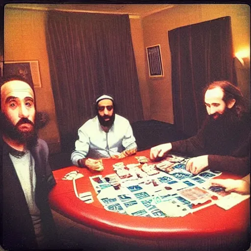 Image similar to “80’s Polaroid flash photo, Saul Goodman and Osama Bin Laden playing poker”