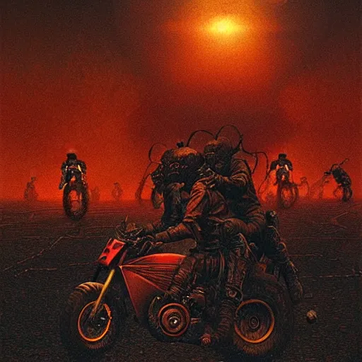 Image similar to motorbikers race in hell, pursued by demons, beksinski and tristan eaton, dark neon trimmed beautiful dystopian digital art