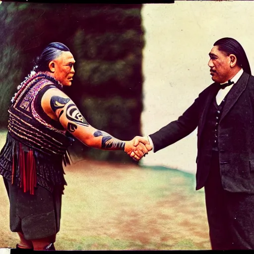 Image similar to a tattooed maori dignitary shakes hands with a 2 0 th century english caucasian industrialist, colorized 1 9 0 4 photo, kodak camera, historical event, credit the national archives of the united kingdom