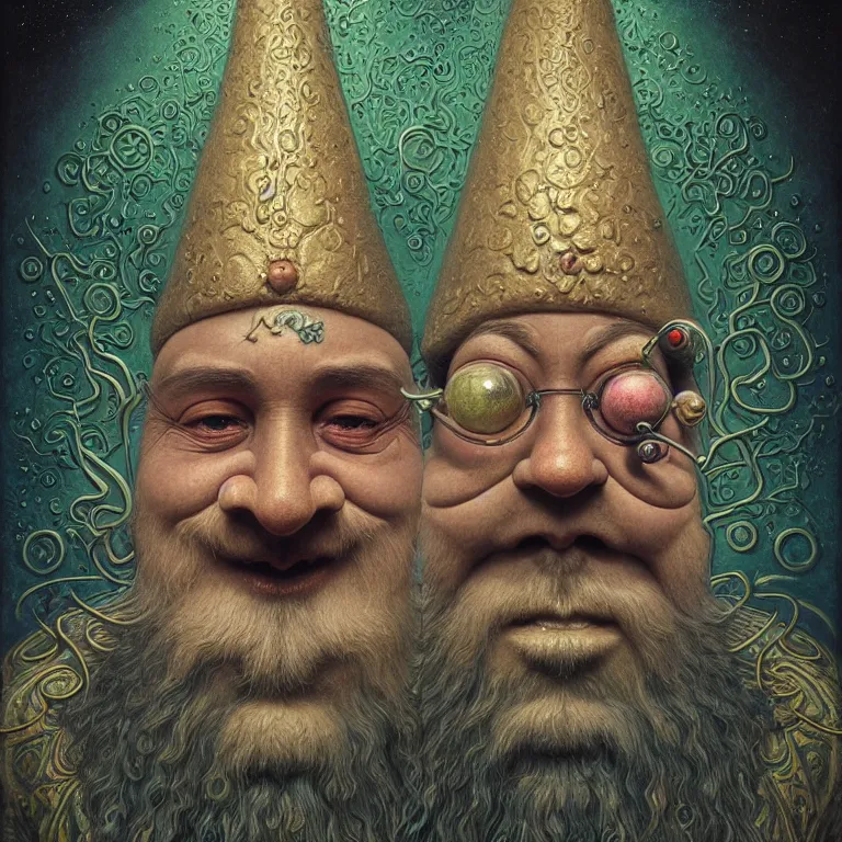 Prompt: joyous gnome face, reaching nirvana, goofy, silly, dmt, large metal mustache, muted colors, benevolent, nebula background, glowing eyes, detailed realistic surreal retro gnome in full regal attire. face portrait. art nouveau, visionary, baroque, giant fractal details. vertical symmetry by zdzisław beksinski, highly detailed, realistic