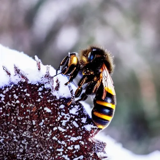 Prompt: a bee trying to reach a huge snowflake, there is winter everywhere, beautiful macro photography, ambient light