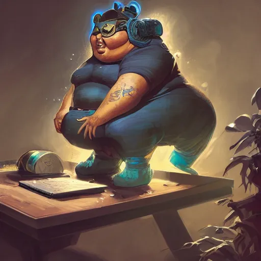 Image similar to an insanely detailed painting of a chubby asian man wearing a homemade superhero costumed, sitting at a computer desk typing on the keyboard, in the style of peter mohrbacher, dramatic lighting and composition, trending on artstation, concept art, comic book, graphic novel