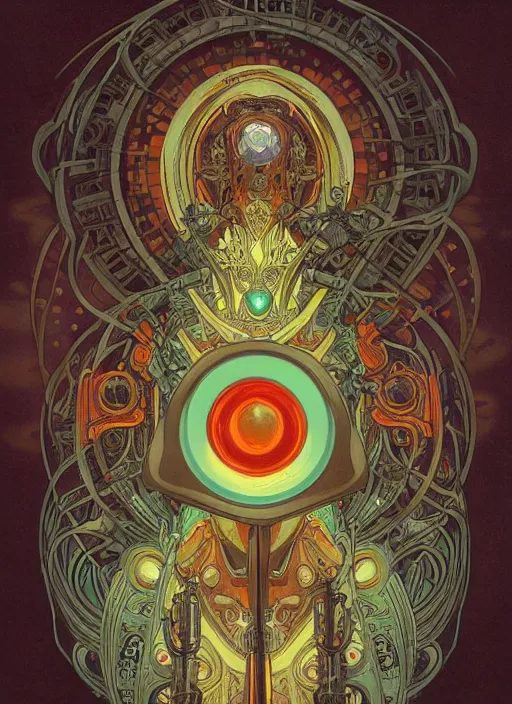 Image similar to retro robot glowing reptile eyes, alphonse mucha, shamanic poster lsd art, intricate, elegant, highly detailed, centered, digital painting, artstation, concept art, smooth, sharp focus, illustration, artgerm, tomasz alen kopera, peter mohrbacher, donato giancola, joseph christian leyendecker, wlop, frank frazetta