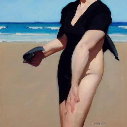 Prompt: woman on the beach in black dress, full body, leyendecker style, camera glare in oil style,