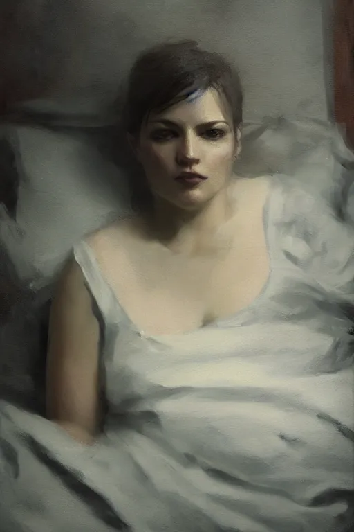 Prompt: detailed cinematic moody colors studio portrait of a lady in bed, high quality by jeremy mann, only one head single portrait