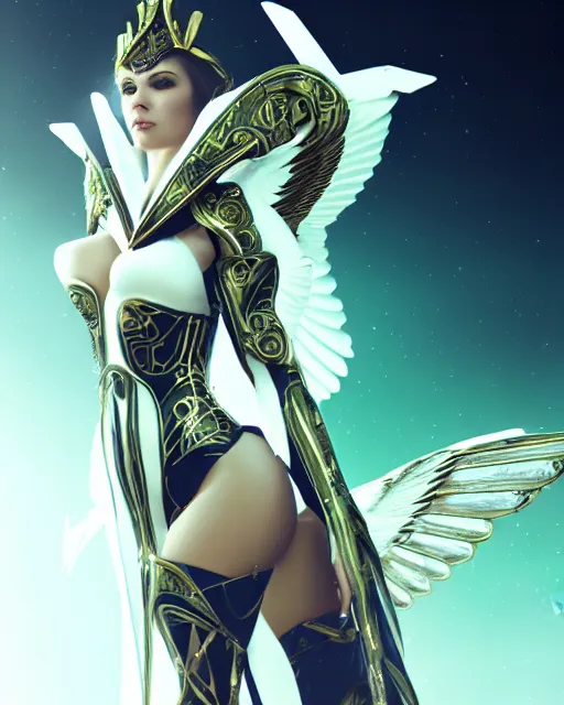 Image similar to sultry egyptian queen wearing white dove wings, warframe armor, regal, attractive, ornate, sultry, elize theron, pretty face, green eyes, scifi platform, 4 k, ultra realistic, epic lighting, illuminated, cinematic, black gold, art by akihito tsukushi, voidstar