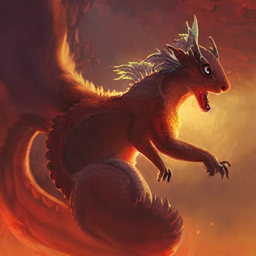 Image similar to Squirrel/dragon, ferocious, angry, magic the gathering artwork, D&D, fantasy, cinematic lighting, centered, symmetrical, highly detailed, digital painting, artstation, concept art, smooth, sharp focus, illustration, volumetric lighting, epic Composition, 8k, art by Akihiko Yoshida and Greg Rutkowski and Craig Mullins, oil painting, cgsociety