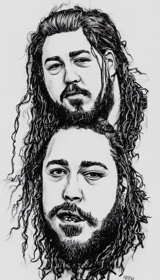 Image similar to ball pen illustration of Post Malone with a gorilla on his back