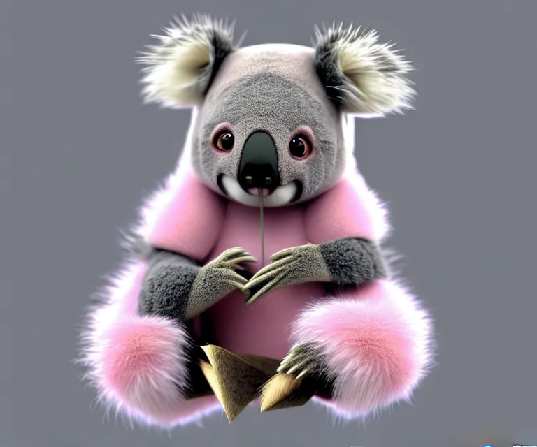 Prompt: high quality 3 d render hyperrealistic very cute small koala, plush mascot, short spiky dense fluffy smooth hair, photo from the side, pink fluffy fur, 1 5 0 mm, beautiful natural soft light, rim light, vray, smooth background, artstation, ultra detailed