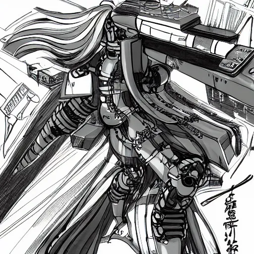 Image similar to A detailed sketch of a ghost in the shell style cyborg fighting automated robots, Shiro Masamune style, manga, highly detailed