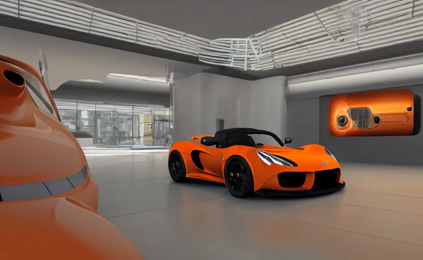 Image similar to futuristic lotus exige ( ( orange ) ) parked within interior view of futuristic auto showroom ( ( frank lloyd wright ) ) luminescent concept art, unreal engine 5, artstation highly detailed, digital art, 8 k hdr, soft lighting, hyperrealistic, godrays